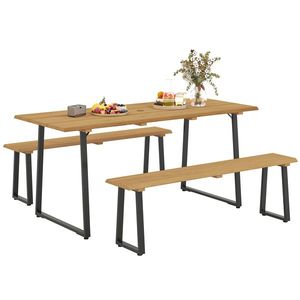 Outsunny Grup de mobilier din 3 piese din lemn pentru 6 persoane Masă de bucătărie cu 2 bănci Orificiu pentru umbrelă Masă din lemn 178 x 76 x 77 cm Lemn natural | Aosom Romania imagine