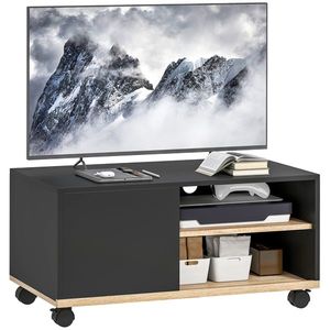 HOMCOM Stand TV pe Roți cu 2 Frâne - 2 nișe + Dulap cu Ușă 2 Treceri pentru Cablu - din Lemn Negru și Stejar Deschis | Aosom Romania imagine