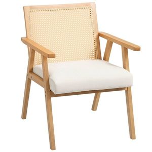 HOMCOM Scaun de salon din lemn, scaun din răchită cu spătar din răchită și pernă umplută și brațe, lemn natural | Aosom Romania imagine