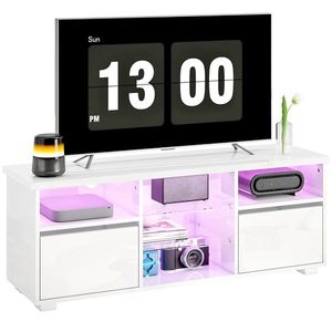 HOMCOM Suport TV 120 cm, suport televizor pentru televizoare de până la 55 inch cu iluminare LED și telecomandă, rafturi din sticlă alb | Aosom Romania imagine