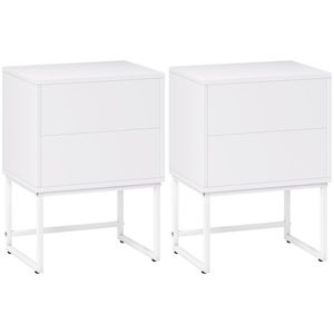 HOMCOM Set de 2 Noptiere Înguste cu 2 Sertare Deschidere la Presiune și Picioare din Oțel 40x30x55 cm Alb | Aosom Romania imagine
