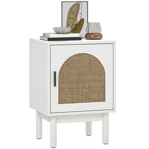 HOMCOM Noptieră cu Ușă din Răchită Raft Reglabil și Picioare din Lemn Stil Bohem 40x35x58 cm Alb | Aosom Romania imagine