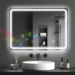 HOMCOM Oglindă de Baie cu LED 70x50 cm cu Bluetooth 3 Culori de Lumină Ceas Digital Funcție Antighear Funcție de Memorie | Aosom Romania imagine