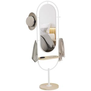 HOMCOM Oglindă de Corp Intreg 175, 5x50 cm cu Tavă din Lemn 4 Cârlige și Rama de Metal pentru Salon Dormitor Alb | Aosom Romania imagine