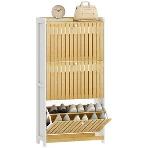 HOMCOM Pantofar Subțire cu 3 Uși din Bambus cu Lamele Rafturi Ajustabile pentru 18 Perechi de Pantofi Alb și Natural | Aosom Romania imagine