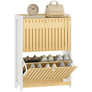 HOMCOM Pantofar Cu 2 Uși din Bambus Cu Lamele Rafturi Ajustabile pentru 12 Perechi de Pantofi Alb și Natural | Aosom Romania imagine