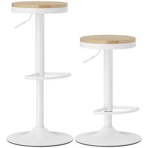 HOMCOM Set de 2 Taburete Inalte de Bucatarie cu Inaltime Reglabila Scaun din Lemn Cadru din Otel si Suport pentru Picior Natural si Alb | Aosom Romania imagine