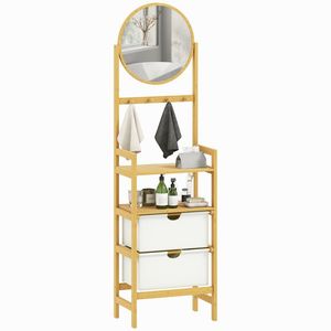 HOMCOM Raft de baie din bambus cu oglindă cu 4 cârlige 2 rafturi deschise și 2 sertare din material textil 48, 5x30x170 cm Natural | Aosom Romania imagine