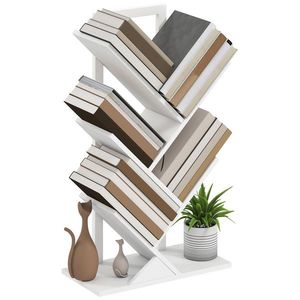 HOMCOM Bibliotecă în Formă de Copac cu 5 Rafturi și Sistem Antivărsare pentru Sufragerie Dormitor 50x24x82 cm Alb | Aosom Romania imagine