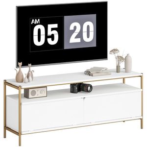 HOMCOM Suport TV meuble télé pentru televizor de până la 55 de inch cu 2 uși rabatabile și raft deschis, 124x35x50 cm, alb | Aosom Romania imagine
