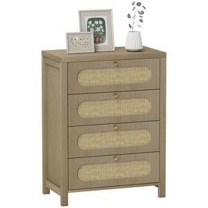 HOMCOM Comodă 4 sertare mobilier de depozitare stil boemian cu uși din răchită, 70 x 38 x 93 cm, efect lemn natural | Aosom Romania imagine