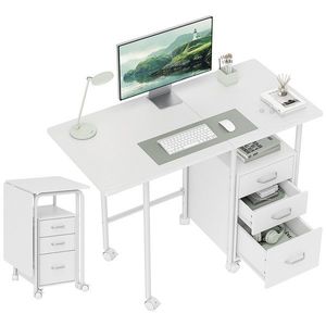 HOMCOM Birou de calculator pliabil pe roți, birou cu depozitare, 3 sertare, blat extensibil, 105x51x75, 5cm, alb | Aosom Romania imagine