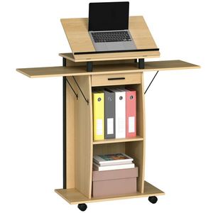HOMCOM Suport de Podium cu Role, Pupitru cu Aripi Laterale Pliabile, Măsuță pentru Laptop cu Sertar și Rafturi, Stejar | Aosom Romania imagine