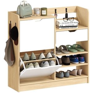 HOMCOM Dulap pentru Pantofi pentru Hol, Dulap Pantofi cu Sertare Pliante, Rafturi Deschise, 4 Cârlige, pentru până la 14 Perechi Pantofi, Natur | Aosom Romania imagine