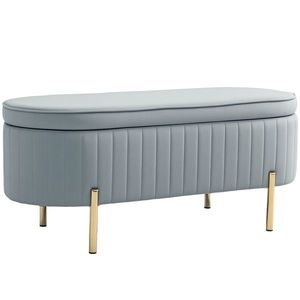 HOMCOM Bancă de Depozitare pentru Intrare Ovală 72L cu Design Scanalat, Capac Ridicabil și Șezut Capitonat, Bancă de la Capătul Patului Pouf în Catifea și Picioare de Lemn de Pin, 108x44x43.5 cm, Gri | Aosom Romania imagine