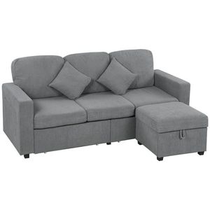 HOMCOM Divan 3 Locuri cu Pouf de Depozitare din Velur cu Nervuri 196x139x85 cm, Gri | Aosom Romania imagine