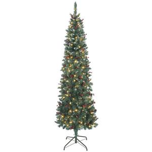 HOMCOM Pom de Crăciun Slim 210 cm Artificial, Lumini Incorporate în 8 Moduri, 300 Ramuri Dens Ignifuge Înzăpezite, 55 Conuri și 55 Ciorchini de Boabe, Pom de Crăciun Îngust și Înalt cu Bază din Metal | Aosom Romania imagine