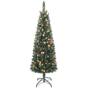HOMCOM Pom de Crăciun Subțire 150 cm Artificial, Lumini Incorporate în 8 Moduri, 311 Ramuri Dense Ignifuge Înzăpezite, 30 Conuri de Pin și 30 Ciorchini de Boabe, Pom de Crăciun Înalt și Strâmt cu Bază din Metal | Aosom Romania imagine