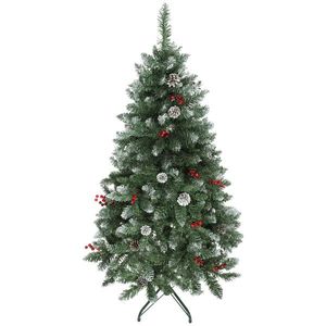 HOMCOM Brad de Crăciun Înnzăpezit Înalt de 150 cm cu 398 Ramuri, Brad Artificial de Interior cu Conuri și Boabe Roșii Decorative, Bază Metalică, Verde | Aosom Romania imagine