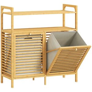 HOMCOM Mobilier pentru Rufe de Baie cu 2 Compartimente Basculante, 82L, Suport pentru Rufe Murdare din Bambus cu Coșuri Detașabile și Lavabile și 2 Rafturi, pentru Spălătorie și Baie, 82x33x88 cm, Culoare Lemn | Aosom Romania imagine