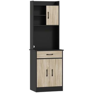 HOMCOM Dulap de Bucătărie, Mobilier cu Orificiu pentru Cabluri și Suprafață pentru Microunde, Dulap de Bucătărie cu Sertar, 3 Rafturi Deschise și Dulapuri, pentru Sufragerie, Living, Negru și Lemn | Aosom Romania imagine