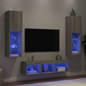vidaXL Unități de perete TV cu LED-uri, 5 piese, gri sonoma, lemn imagine
