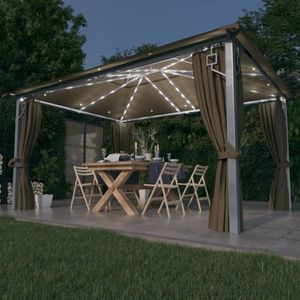 vidaXL Pavilion cu perdele&șiruri lumini LED gri taupe 4x3m aluminiu imagine