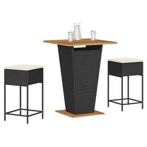 vidaXL Set mobilier bar de grădină cu perne, 3 piese, negru, poliratan imagine