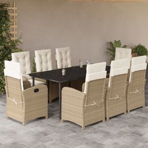 vidaXL Set de masă pentru grădină, 9 piese, cu perne, bej, poliratan imagine
