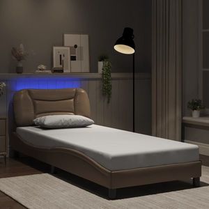 vidaXL Cadru de pat cu lumini LED cappuccino 90x190 cm piele ecologică imagine