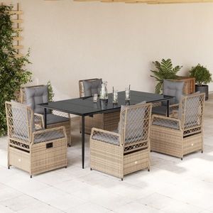 vidaXL Set de masă pentru grădină, 7 piese, cu perne, bej, poliratan imagine