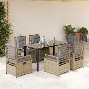 vidaXL Set de masă pentru grădină, 7 piese, cu perne, bej, poliratan imagine