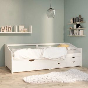 vidaXL Pat de zi, 3 locuri, cu sertare, alb, 90x200 cm, lemn masiv pin imagine