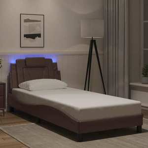 vidaXL Cadru de pat cu lumini LED, maro, 80x200 cm, piele ecologică imagine