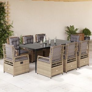 vidaXL Set de masă pentru grădină, 9 piese, cu perne, bej, poliratan imagine