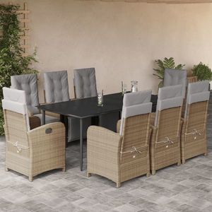 vidaXL Set de masă pentru grădină, 9 piese, cu perne, bej, poliratan imagine