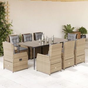vidaXL Set de masă pentru grădină, 9 piese, cu perne, bej, poliratan imagine