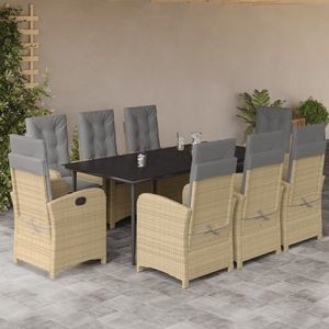 vidaXL Set de masă pentru grădină, 9 piese, cu perne, bej, poliratan imagine
