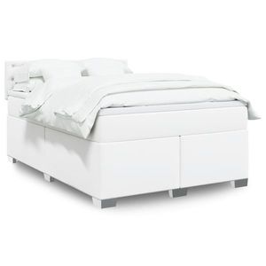 vidaXL Pat box spring cu saltea, alb, 140x190 cm, piele ecologică imagine