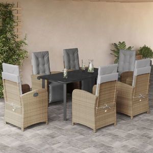 vidaXL Set de masă pentru grădină, 7 piese, cu perne, bej, poliratan imagine