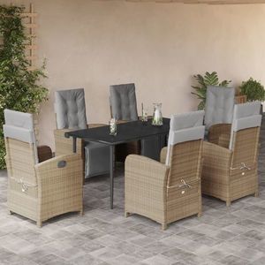 vidaXL Set de masă pentru grădină, 7 piese, cu perne, bej, poliratan imagine