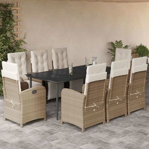vidaXL Set de masă pentru grădină, 9 piese, cu perne, bej, poliratan imagine