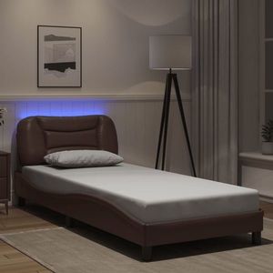 vidaXL Cadru de pat cu lumini LED, maro, 80x200 cm, piele ecologică imagine