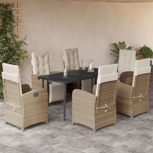vidaXL Set de masă pentru grădină, 7 piese, cu perne, bej, poliratan imagine