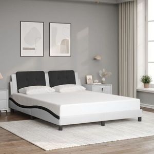 vidaXL Cadru de pat cu tăblie, alb/negru, 160x200 cm, piele ecologică imagine