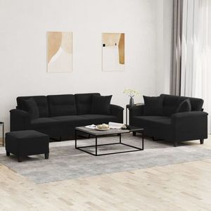 vidaXL Set de canapele cu perne, 3 piese, negru, microfibră imagine
