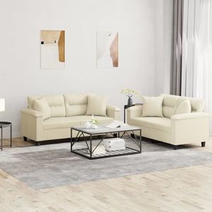 vidaXL Set de canapele cu perne, 2 piese, crem, piele ecologică imagine