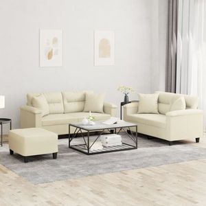 vidaXL Set de canapele cu perne, 3 piese, crem, piele ecologică imagine