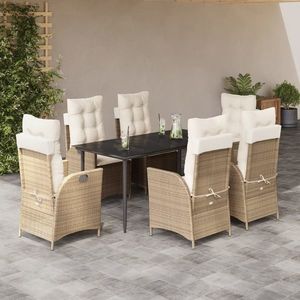 vidaXL Set de masă pentru grădină, 7 piese, cu perne, bej, poliratan imagine