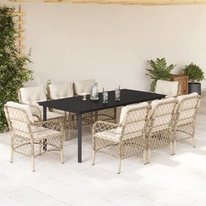 vidaXL Set de masă pentru grădină, 9 piese, cu perne, bej, poliratan imagine
